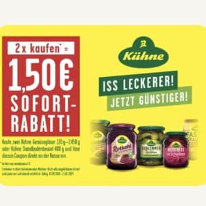 2 Kühne Gemüsegläser oder Kühne Standbodenbeutel im Wert von 4 € kaufen und 1,50 € Sofortrabatt erhalten