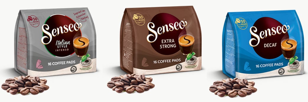 Drei Sorten Senseo Kaffeepads in Verpackungen