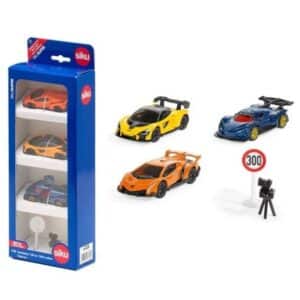 siku 6328 Geschenkset Supercars: Lamborghini Veneno, Apollo I.E., McLaren Senna, Inkl. Straßenschild und Blitzer