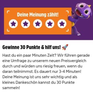 [personalisiert] [DeutschlandCard]: An Umfrage zum neuen DC-Preisvergleich teilnehmen und sofort 30 Punkte (&#061; 30 Cent) erhalten als Belohnung