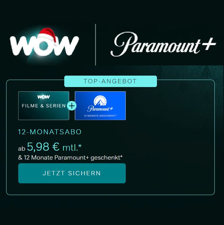 Thumbnail 📺 WOW Weihnachten: Filme & Serien für 5,98€/Monat + gratis Paramount+ (statt 18€)