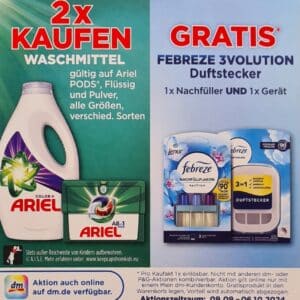 Kaufe 2 x Ariel Waschmittel (PODS, Flüssig oder Pulver, alle Größen, verschiedene Sorten) und erhalte gratis einen Febreze 3volution Duftstecker (inkl. 1 Nachfüller und 1 Gerät).