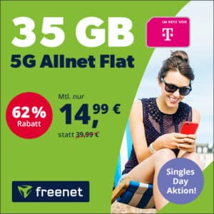 Singles' Day Knaller endet Mittwoch 💥 35GB 5G &amp; LTE Telekom Allnet für 14,99€ + 19,99€ Anschlusspreis (freenet Telekom green)