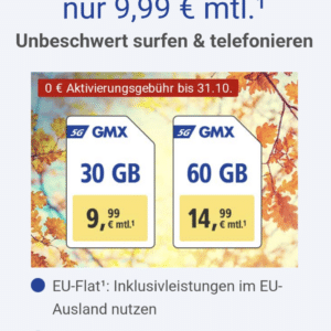 GMX: D2 Allnet Flat mit 60GB für 14,99€ mtl. ohne Anschlussgebühr 24Monate Laufzeit