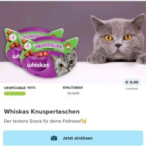 0,40€ Cashback auf Whiskas Knuspertaschen bei Marktguru