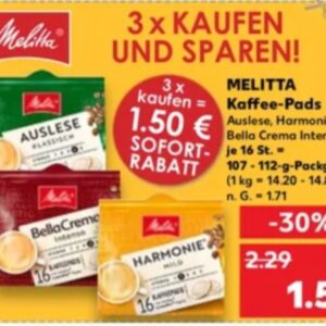 ab 17.10.2024 3 Packungen Melitta Kaffeepads mit Coupon für je 1,09€