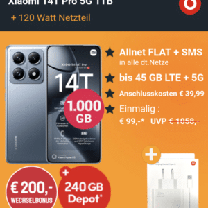 Effektiv Gratis: Xiaomi 14T Pro 1TB für Vodafone DSL Kunden