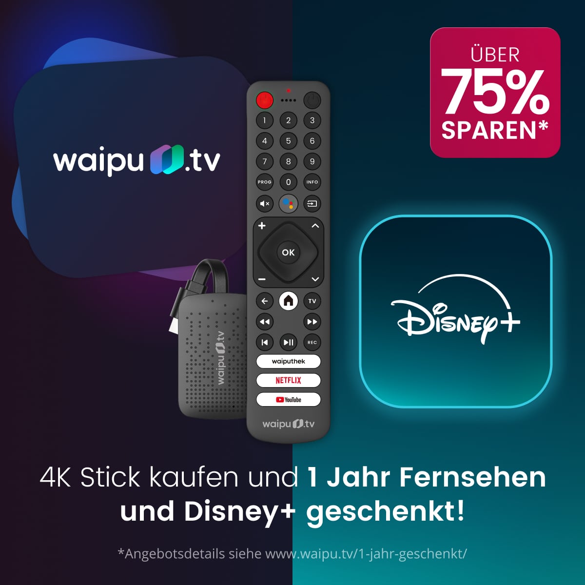 Thumbnail GRATIS: waipu.tv 4K Stick! 💥 12 Monate Disney+ & 300 TV-Sender in HD für einmalig 64,98€