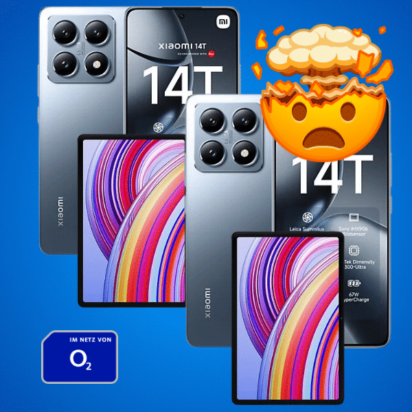 Eff. Gratis 🚀 2x Xiaomi 14T (512GB) für 199€ + 2x GRATIS Redmi Pad Pro Tablet + 2x 50GB 5G/LTE Allnet für 34,98€ pro Monat (o2 Doppelkartenaktion: 2x Mobile M Boost)