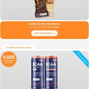 Aldi Testerclub Erdnuss Proteinriegel und BCAA Drink gratis testen (nur Aldi Süd)