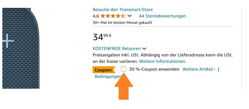 Pfeil, der auf ein Kästchen zeigt, durch das man einen 30% Coupon aktivieren kann bei Amazon