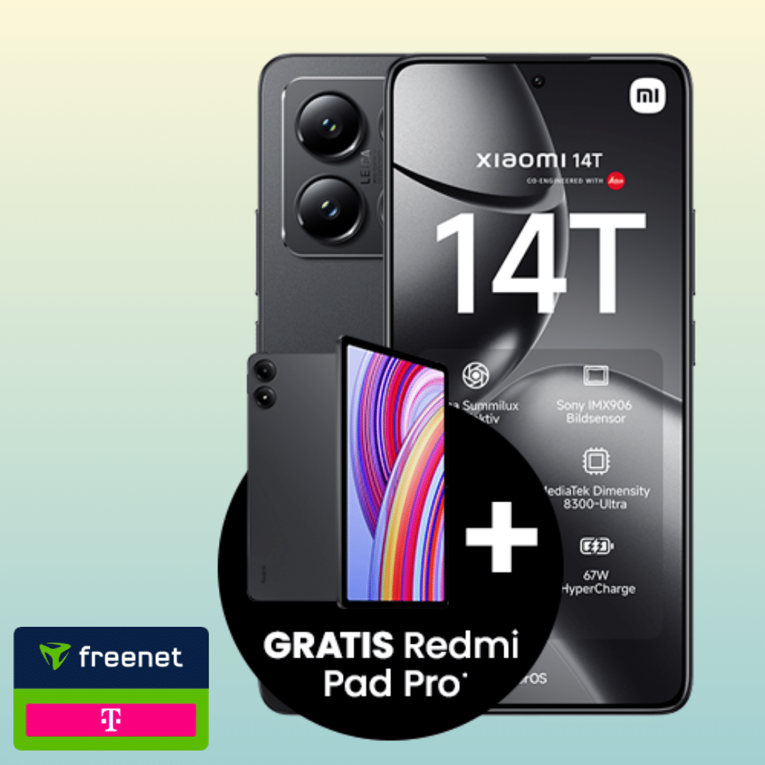 Thumbnail Eff. Gratis! 💪 Xiaomi 14T (256GB) für 19€ + Gratis: Xiaomi Redmi Pad Pro + 150€ Wechselbonus + 25GB LTE Telekom Allnet für 24,99€/Monat + 0€ AP (Freenet Telekom)