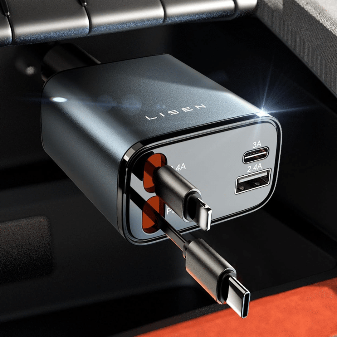 LISEN 69W einziehbares USB-C Schnellladegerät fürs Auto – Für 4 Geräte gleichzeitig