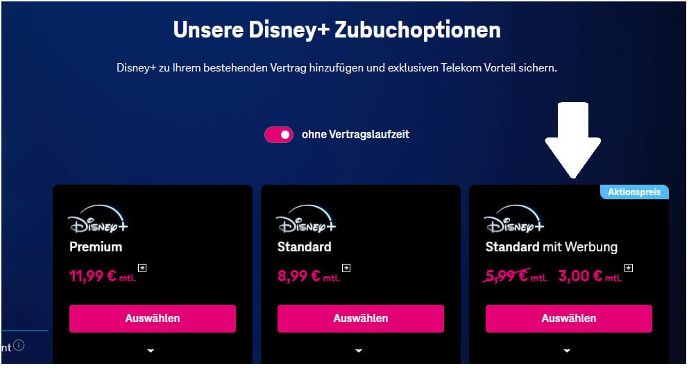 Telekom Zubuchoptionen von Disney+