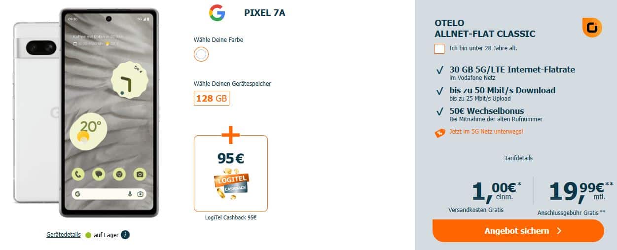 Logitel Tarifangebot vom Google Pixel 7a mitsamt 30 GB 5G/LTE Allnet-Flatrate