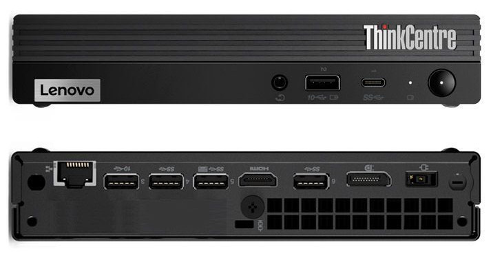 Lenovo ThinkCentre Mini-PC oben Vorderansicht, unten Rückansicht