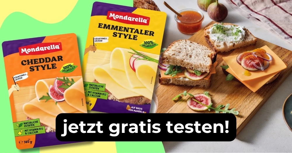 Mondarella Käsepackungen, rechts daneben Brot, darunter die Aufschrift 