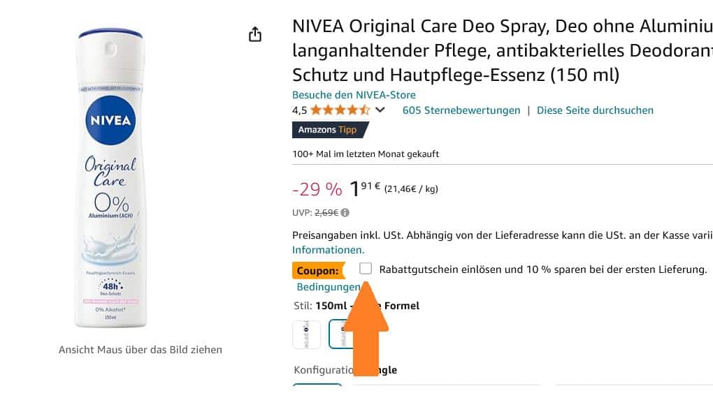 10% Rabattgutschein auf Nivea Deo bei Amazon. Oranger Pfeil zeigt auf das Kästchen, mit dem man den Rabatt aktivieren kann.