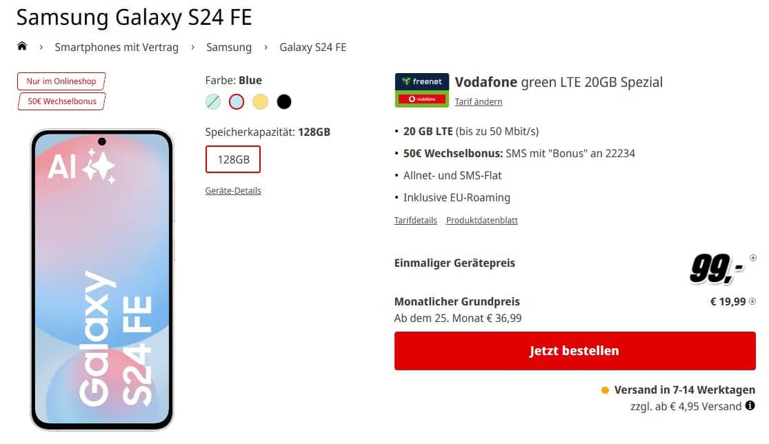 MediaMarkt Tarifangebot fürs Samsung Galaxy S24 FE mit dem Tarif 