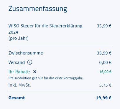 Zusammenfassung einer Rechnung für Wiso Steuer 2025 mit dem Endpreis 19,99€