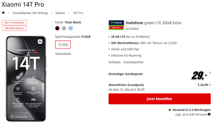 Xiaomi 14T Pro (512GB) für 29€ + 20GB LTE Vodafone Allnet