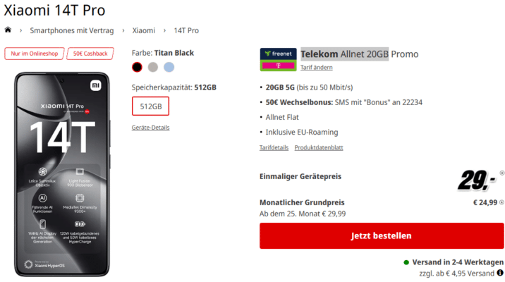 Xiaomi 14T Pro (512GB) für 29€ + 20GB 5G Telekom Allnet