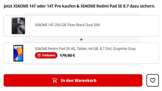 Xiaomi 14T + Xiaomi Redmi Pad SE 8.7 4G zusammen in den Warenkorb packen bei MediaMarkt