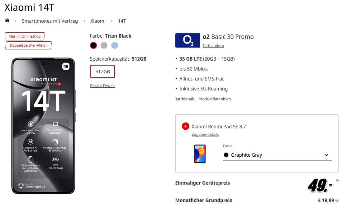 Tarifangebot in der MediaMarkt Saturn Tarifewelt vom Xiaomi 14T mitsamt 35GB Allnet-Flat von o2