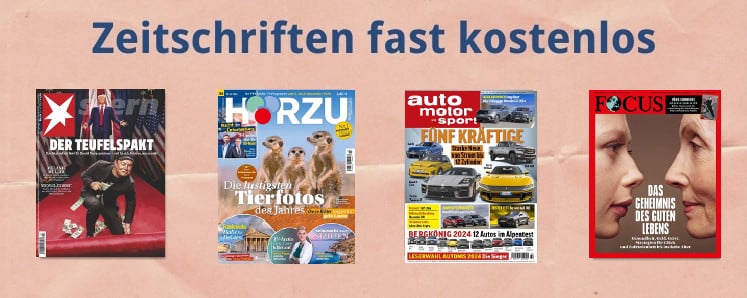 Vier Zeitschriften, darüber steht die Schrift "Zeitschriften fast kostenlos"