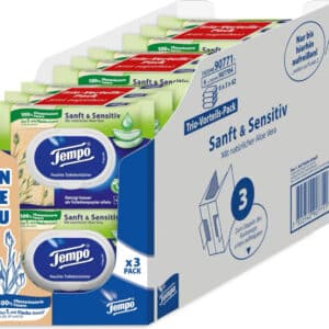 Tempo Toilettenpapier, feucht, sanftundsensitiv Trio-Pack 18 Packungen x je 42 Blatt 1 kg für 20,17€(statt 29,25€)