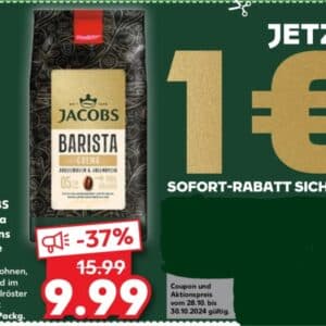 ab 28.10.2024 Jacobs Barista Crema ganze Bohnen 1kg mit Coupon für 8,99€