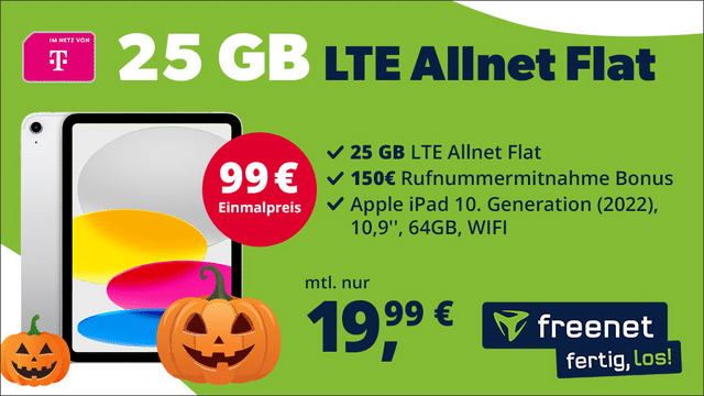 25GB LTE Telekom Allnet für 19,99€/Monat + 150€ Wechselbonus + iPad 10,9 Zoll (10. Gen) Wi-Fi 64GB für 99€