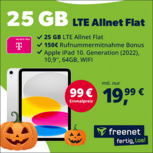 25GB LTE Telekom Allnet für 19,99€/Monat + 150€ Wechselbonus + iPad 10,9 Zoll (10. Gen) Wi-Fi 64GB für 99€ + 0€ AG – freenet Telekom green LTE