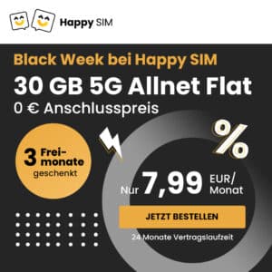 mtl. kündbare 5G &amp; LTE Allnets 😱 15GB für 6,99€ | 30GB für 7,99€ | 50GB für 9,99€ (Happy Sim im Telefónica-Netz)