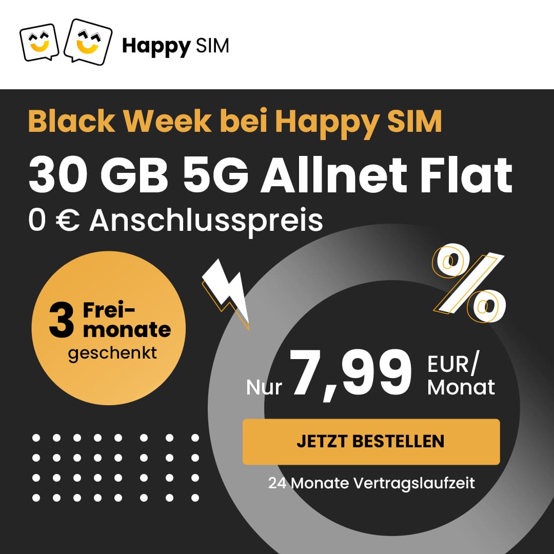 Thumbnail mtl. kündbare 5G &amp; LTE Allnets 😱 15GB für 6,99€ | 30GB für 7,99€ | 50GB für 9,99€ (Happy Sim im Telefónica-Netz)