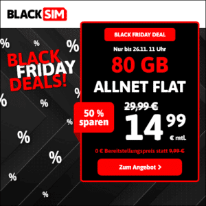 mtl. kündbare LTE/5G Allnet mit 15GB für 5,99€ 💥 oder 30GB für 7,99€ | 40GB für 8,99€ | 80GB für 14,99€ (Blacksim im 1&amp;1-Netz)