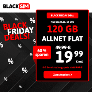 mtl. kündbare LTE/5G Allnet mit 15GB für 5,99€ 💥 oder 30GB für 7,99€ | 40GB für 8,99€ | 120GB für 19,99€ (Blacksim im 1&amp;1-Netz)