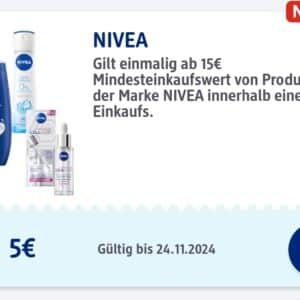 5 Euro Rabatt beim Kauf von Nivea Artikel im Wert von 15 Euro bei DM online oder vor Ort