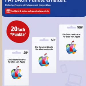 ab 18.11.24 auf Apple Geschenkkarte 20-fach Punkte bei REWE und REWE Kartenwelt