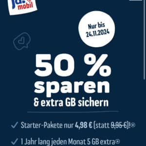 NUR BIS 24.11: 50% Sparen &#043; 12 x 5GB Extra Datenvolumen bei Ja! Mobil (Prepaid) im Telekom Netz