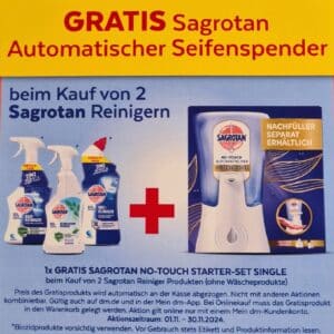 Kostenloser Sagrotan automatischer Seifenspender beim Kauf von zwei Sagrotan-Reinigern.