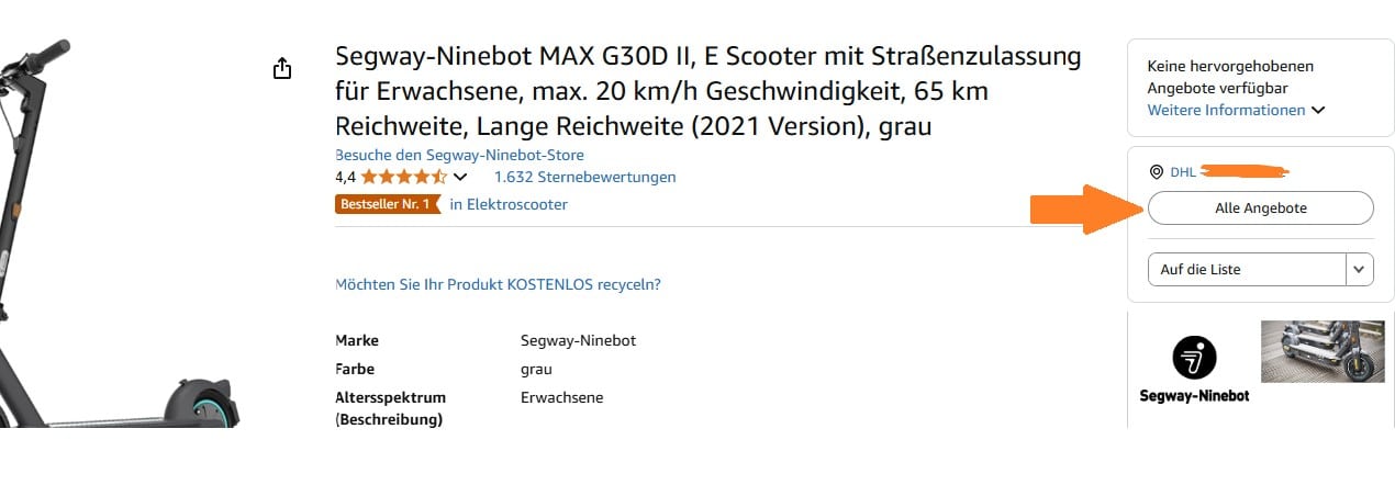 Amazon-Produktseite. Pfeil, der auf 