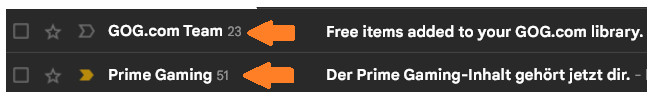 Zwei E-Mail-Betreffzeilen mit orangenen Pfeilen, die die Anzahl der E-Mails zeigen. Die E-Mails zeigen eingelöste Spiele bei Prime Gaming und GOG.