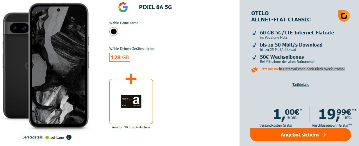 Tarifangebot von Otelo: Google Pixel 8a 5G für 1€ + 19,99€ mtl.