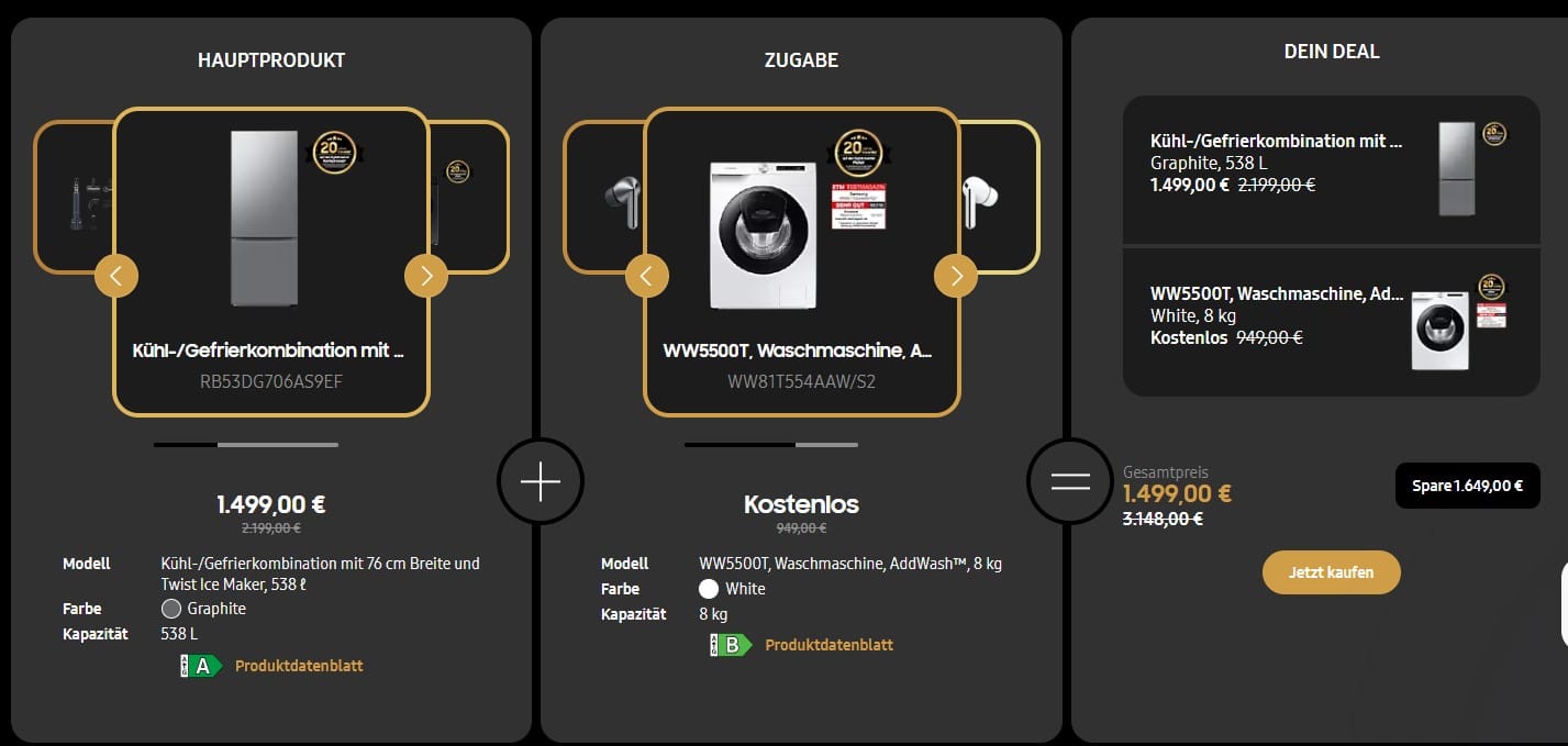 Kühlschrank und Waschmaschine im Bundle bei Samsung