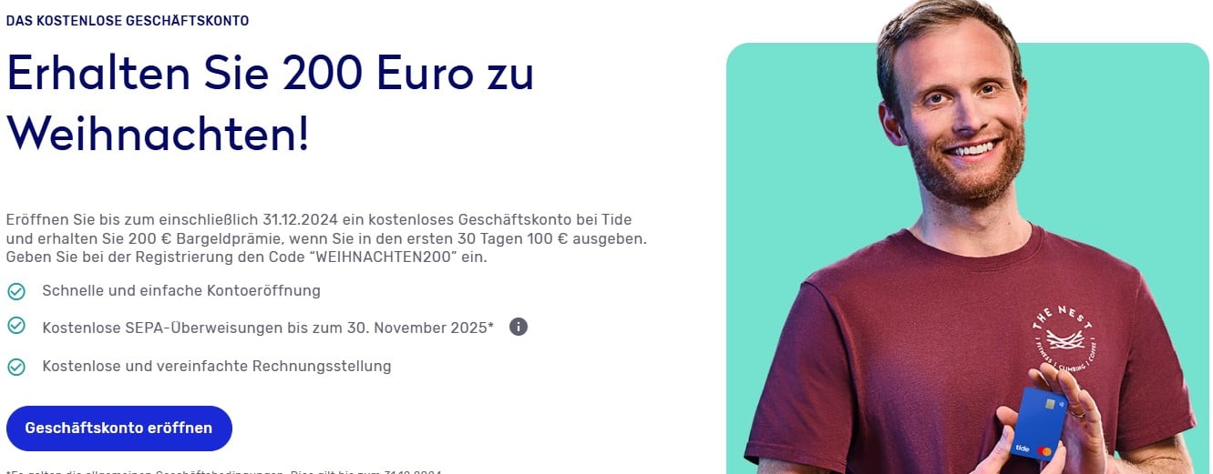 Tide Geschäftskonto - rechts Mann mit Kreditkarte - links "erhalten Sie 200 Euro zu Weihnachten" mit weiterem Text darunter