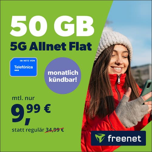 Thumbnail 🤑 mtl. kündbare 50GB LTE &amp; 5G o2 Allnet für 9,99€/Monat + 9,99€ Anschlusspreis (50 Mbit/s - freenet o2 Telefónica Allnet)