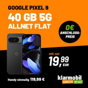 🤩 Eff. gratis! Google Pixel 9 für 119€ + 40 GB LTE Allnet für 19,99€/Monat + 0€ AG (klarmobil Vodafone Allnet Flat)