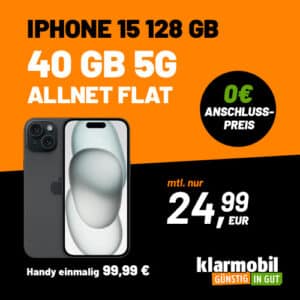 Fette Ersparnis beim iPhone?!! 😱 Apple iPhone 15 für 99,99€ + 40GB 5G &amp; LTE Vodafone Allnet für 24,99€/Monat + 0,00€ AG - Klarmobil Allnet