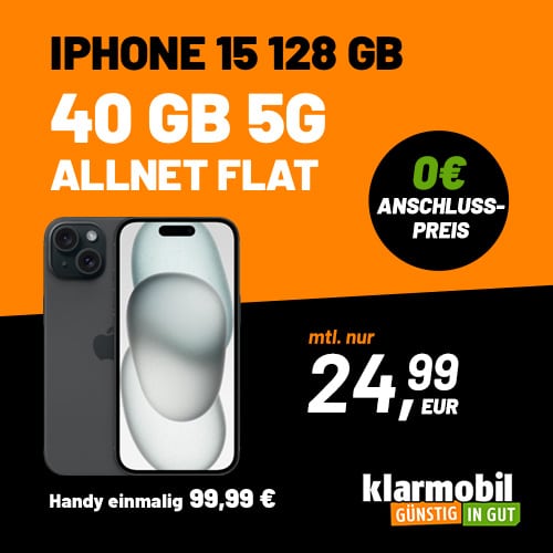 Fette Ersparnis beim iPhone?!! 😱 Apple iPhone 15 für 99,99€ + 40GB 5G &amp; LTE Vodafone Allnet für 24,99€/Monat + 0,00€ AG (oder mit Google Pixel 9 ab 19,99€ + 19,99€/Monat) - Klarmobil Allnet